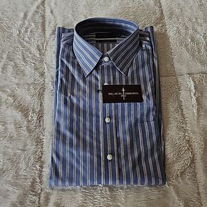 NWT Men's Black Brown 1826 Size 17 32/33 Coastal Blue Button Down Shirt Non-Iron